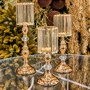 Trio de Castiçais Porta-Velas Dourados com Vidro