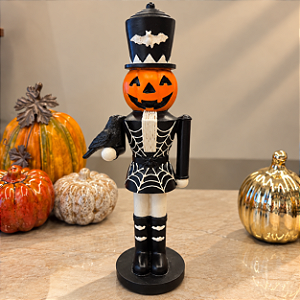 Quebra-Nozes Abóbora Halloween com Corvo em Resina
