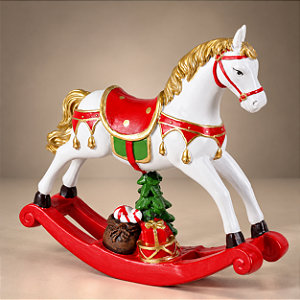 Cavalo de Balanço Natalino em Resina 17 x 18 cm – Vermelho, Branco e Dourado