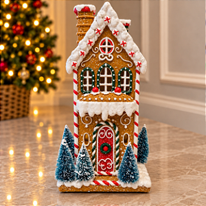 Casinha Gingerbread de Natal em Resina com LED 30 cm