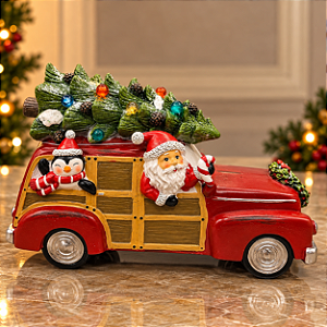 Carrinho Natalino com Papai Noel e Pinguim com LED em Resina 13 x 30 cm