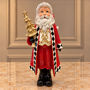 Papai Noel com Pinheiro Dourado em Resina 33 cm – Vermelho, Xadrez e Dourado