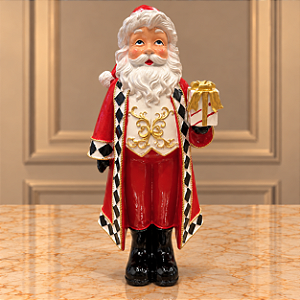 Papai Noel com Presente em Resina 33 cm – Vermelho, Xadrez e Dourado