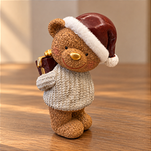 Ursinho de Natal com Presente em Resina 12 x 7 cm