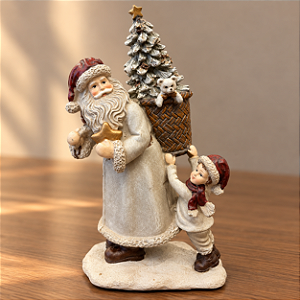 Papai Noel com Criança, Árvore e Ursinho em Resina 19 x 11 cm