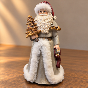 Papai Noel Vintage com Árvore Dourada e Bota de Presentes em Resina 22 x 12 cm