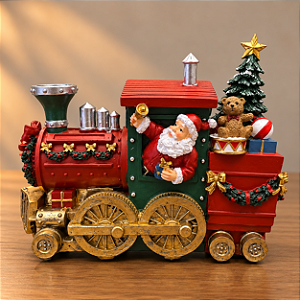 Trem de Natal Vintage com Papai Noel e Presentes em Resina – 21 x 25 cm