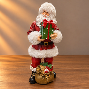 Papai Noel Decorativo com Presentes em Resina – 26 x 12 cm | Natal Clássico