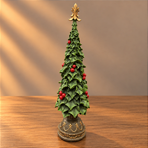 Árvore de Natal Decorativa com Folhas de Azevinho e Berries em Resina – 38 x 14 cm