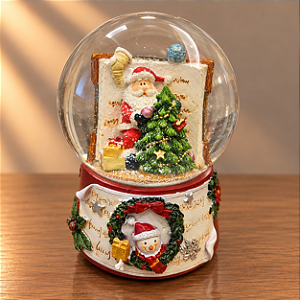 Globo de Neve Natalino com Papai Noel e Árvore – Caixa de Música 15 cm