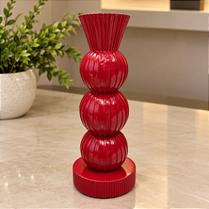 Castiçal Decorativo Vermelho em Resina com Esferas Caneladas