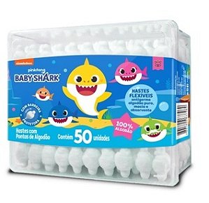 Cotonete Baby Shark Com Barreira de Proteção 50 Unidades Mamãe e Bebê Excelente para Higiene do Bebê