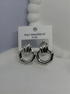 Brinco Aço Inox Prateado Hexagonal