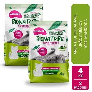 kit 2 Unid AREIA HIGIÊNICA BIODGRADÁVEL WISECAT BIONATURE GRÃOS MÉDIOS – 4KG