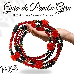 Guia Fio de Contas 65cm Pomba Gira com Rosas e Cristal Preto e Vermelho com Firma
