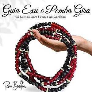 Fio de Conta Guia de Exú e Pomba Gira de Cristal Vermelho e Preto 196 Cristais com 65cm e Firma