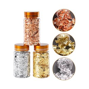 Folha de Ouro, prata e cobre em flocos - Pote 25 gr