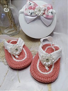 Kit Sandália de Dedo Baby Coala com Elástico + Tiara em Meia de Seda – 100% Algodão