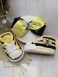Kit Tênis Baby All-Star Abelhinha em Crochê + Laço de Luxo – 100% Algodão