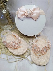 Kit Sandália Baby Verão Flores com Pérola + Faixinha Laço Duplo (Salmão)
