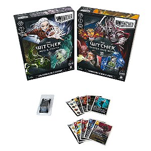 COMBO DE RIVIA: Unmatched: The Witcher - A Queda dos Reinos + Aço e Prata + Cartas Foil + Miniatura Geralt na banheira