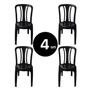 Kit 4 Cadeiras Plásticas Pretas Reforçadas | Empilháveis | Ideal para Casa, Festa e Comércio