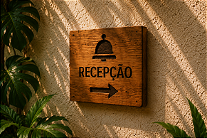 Placa de Madeira Recepção | Cedrinho Tratado com Verniz Naval