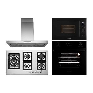 Kit Cozinha Elettromec Quadratto 90cm | Cooktop 5 Bocas + Forno Vetro 60cm + Micro-ondas Flat + Coifa Milano | Inox 220V