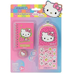 KIT MINI ACESSORIOS HELLO KITTY COM CARTELA DE ADESIVOS BORRACHA CHAVEIRO E CADERNO BLISTER LEO&LEO