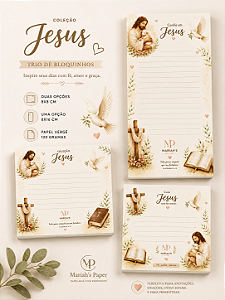 Trio de Bloquinhos Jesus–Papelaria Cristã para Anotações e Devocional