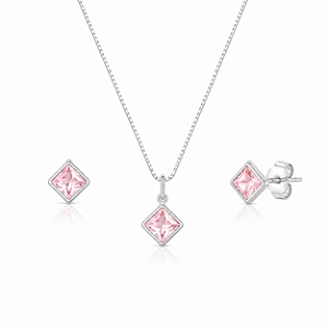 Conjunto Colar + Brinco Quadrado Rosa em Prata 925
