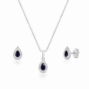 Conjunto Colar + Brinco Gota Azul Cravejada em Prata 925