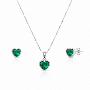 Conjunto Colar + Brinco Coração Verde em Prata 925