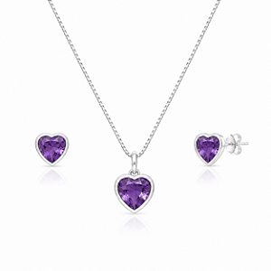 Conjunto Colar + Brinco Coração Roxo em Prata 925