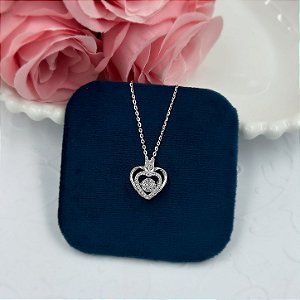 GARGANTILHA PRATA CARTIER CORACAO CRAVEJADO ZIRCONIAS MEIO MOISSANITE 4,5MM RODI