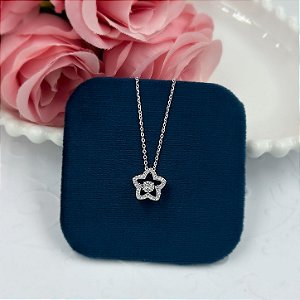 GARGANTILHA PRATA CARTIER ESTRELA VAZADA ZIRCONIAS MEIO MOISSANITE 45 CM RODIO