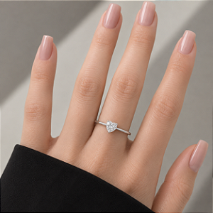 Anel Solitário Coração Moissanite em Prata 925 com Banho de Ródio 5mm