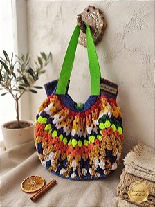 Ecobag Eva de Crochê Colorida com Alças Verdes