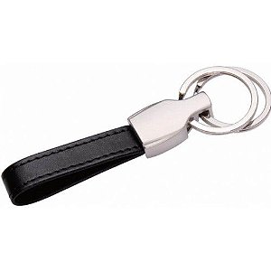 D303 - Chaveiro de metal fosco com couro sintético e 2 argolas.