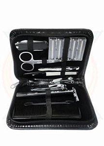 D101 - Kit manicure masculino com 14 peças.Estojo de couro sintético.