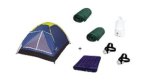 KIT 1 Barraca Iglu Az 2 p +2 Sacos  Dormir+ 2 Lant de Cabç+1 Lumin Portátil Recarreg+1Colchão Multiuso solteiro Fole