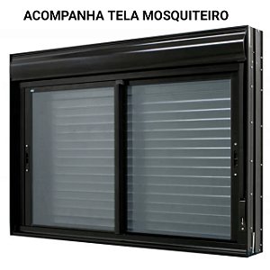 Janela com persiana integrada alumínio preto 2 folhas móveis acionamento manual com tela mosquiteiro - jap caribe max