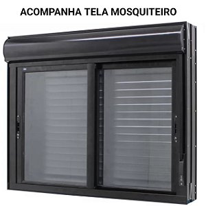 Janela com persiana integrada alumínio preto 2 folhas móveis com tela mosquiteiro acionamento manual - jap taparella perfecta