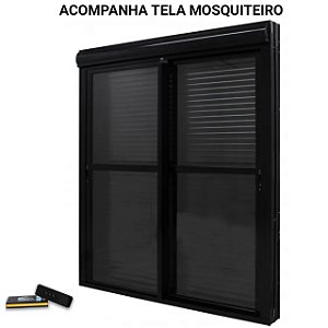 Porta com persiana integrada alumínio preto 2 folhas móveis com fecho concha acionamento por controle remoto com tela mosquiteiro - jap caribe max
