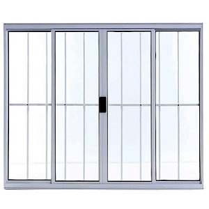 Janela de correr alumínio branco 4 folhas com grade vidro liso incolor - linha modular lux esquadrias