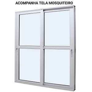 Porta de correr alumínio branco 2 folhas móveis vidro liso com fechadura com tela mosquiteiro - linha 30 jap perfecta max