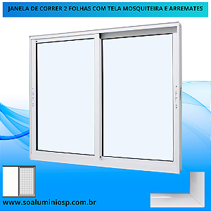 janela de correr alumínio branco 2 folhas móveis sem grade vidro liso incolor com tela mosquiteira - jap perfecta max