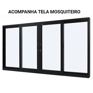 Janela de correr alumínio preto 4 folhas sem grade vidro liso incolor com tela mosquiteiro - jap perfecta max