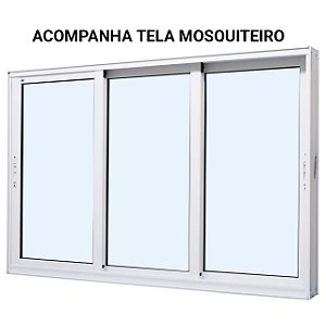 Janela de correr alumínio branco 3 folhas móveis sem grade vidro liso incolor com tela mosquiteiro - jap perfecta max