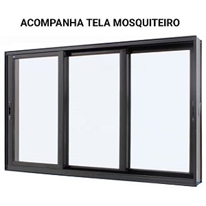 Janela de correr alumínio preto 3 folhas móveis sem grade vidro liso incolor com tela mosquiteiro - jap perfecta max